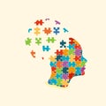 Silhouette of female head with multicolored puzzle pieces. Education, knowledge, psychology, memory, logic concept