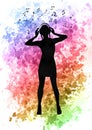 Silhouette of a female listening to music on watercolour background
