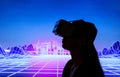 The silhouette of Female person using Virtual reality headset in metaverse universe. Experiencing virtual reality internet