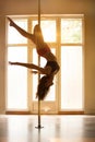 Silhouette of female pole dancer woman performing on a pole in dance hall at sunset. Royalty Free Stock Photo