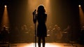 Silhouette of a Female Singer on Stage Next To A Microphone Under The Lights - Generative AI