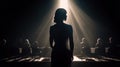 Silhouette of a Female Singer on Stage Under The Lights - Generative AI