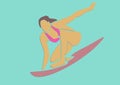 Silhouette of female surfer in pink swimsuit on surfboard.