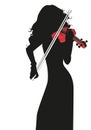 Silhouette of female violinist playing a red violin isolated on white background