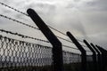 Silhouette of a fence with barbered wire on top, Concept prison, control, security perimeter