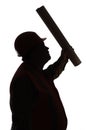 Silhouette figure of pot-bellied construction worker in hard hat on white background showing with paper tube direction, engineer