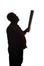 Silhouette figure of pot-bellied construction worker in hard hat on white background showing with paper tube direction, engineer