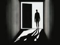 The silhouette of a figure standing in a doorway showcasing ambivalent feelings between courage and fear. Art concept Royalty Free Stock Photo