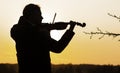 Silhouette figure of a young violinist in a jacket at sunset, a man playing the violin in nature, music and art concept