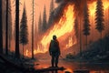 Silhouette of a fireman on the background of a forest fire. Generative AI Royalty Free Stock Photo