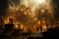 Silhouette of firemen in the cave at night. Selective focus, A breathtaking image of a seabed mining operation, with large,