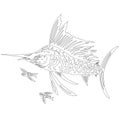 Silhouette fish sword, marlin. Emblem tattoo or logo for a sports club or fishing, black outline on a white background