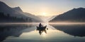 silhouette of Fisher in a boat floating on a calm surface of Mountain Lake