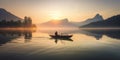 silhouette of Fisher in a boat floating on a calm surface of Mountain Lake