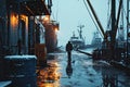 Silhouette of a fisherman against the background of fishing boats in a Scandinavian winter port. Loading, unloading of cargo