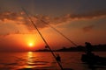 Silhouette of a fisherman on a boat with a fishing rod at sunset, Silhouette of a downrigging fishing rod at sunset, AI Generated