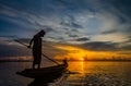 Silhouette fisherman on boat