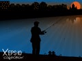 Silhouette of fisherman with fishing rod on pier fishing on background of night city