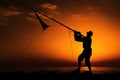 Silhouette of Fisherman with fishing rod on the sunset background, Silhouette of a downrigging fishing rod at sunset, AI Generated