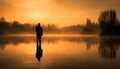 Silhouette of fisherman standing, back lit by sunset generated by AI Royalty Free Stock Photo