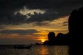 Silhouette of fishing boat at sunset on sea beach resort in Thailand, Krabi, Railey and Tonsai Royalty Free Stock Photo