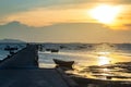 Silhouette fishing boats and bridge dock at sunset, Chonburi Royalty Free Stock Photo