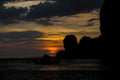 Silhouette of cliff at sunset on sea beach resort in Thailand, Krabi, Railey and Tonsai Royalty Free Stock Photo