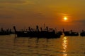 Silhouette of fishing boats sunset on sea beach resort in Thailand, Krabi, Railey and Tonsai Royalty Free Stock Photo