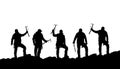 Silhouette of five climbers with ice axe in hand