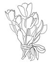 Silhouette of five tulips with leaves and ribbon, white background