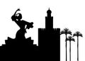 Silhouette of flamenco dancer, palms and monuments in Seville.