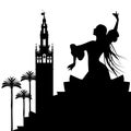 Silhouette of flamenco dancer, palms and monuments in Seville.