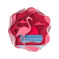 Silhouette of flamingo in origami style. Tropical landscape.