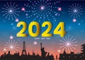 Silhouette flat design. Happy New Year 2024 with the City around the world. Gold two thousand twenty-four Year, Celebrations Royalty Free Stock Photo