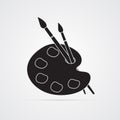 Silhouette flat icon, simple vector design. Artist`s palette with paints and 2 brushes