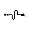 Silhouette of Flexible hose connected to tap with jet of water. Outline icon of irrigation. Black simple illustration of bent pipe