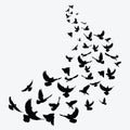 Silhouette of a flock of birds. Black contours of flying birds. Flying pigeons. Tattoo. Royalty Free Stock Photo