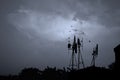 A silhouette of a flock of crows surrounds a communication antenna located on the roof.