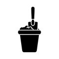 Silhouette Flower pot with earth and stuck mini shovel. Outline icon of planting, gardening tool. Black illustration of excavation Royalty Free Stock Photo