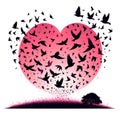 A silhouette of a flying birds, make a heart formation, in a pink sunset, dreamy, fantasy art, romantic athmosphere, love scene Royalty Free Stock Photo