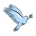 Silhouette of a flying dove with olive branch. Blue pigeon doodle. Vector illustration