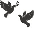 Silhouette of Flying Dove with Olive Twig Vector Icon Template