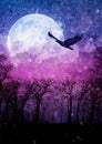 Silhouette a flying eagle on a background big bright moon and dark mysterious forest