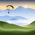 Silhouette of flying paraglider take a selfie with action camera in a mountain valley at sunrise. Vector