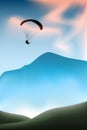 Silhouette of flying paraglider take a selfie with action camera in a sky above the mountains. Vector