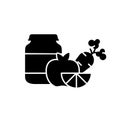 Silhouette of Food preservation. Glass jar with baby food and different fruits and vegetable. Outline icon of natural vegetarian