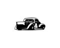 Silhouette of a 1932 Ford coupe isolated on a white background appearing from behind in style.