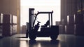Silhouette of a forklift in a warehouse setting, parked centrally with stacked boxes flanking both sides Royalty Free Stock Photo