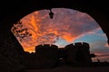 Silhouette of fortress towers of Kalemegdan fortress at dramatic colorful sunset, Belgrade