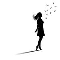 Silhouette of freedom girl with birds. Vector fashion illustration
